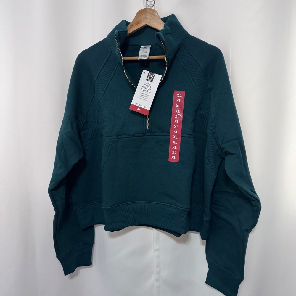 Members Mark Womens Fleece Half Zip Pullover Teal Green Cropped Sweatshirt XL